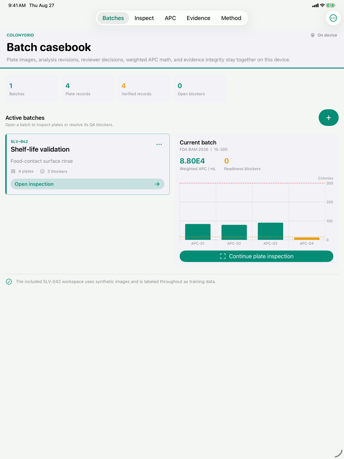 Colonygrid batch casebook on iPad with signed plate records, readiness status, and current count chart