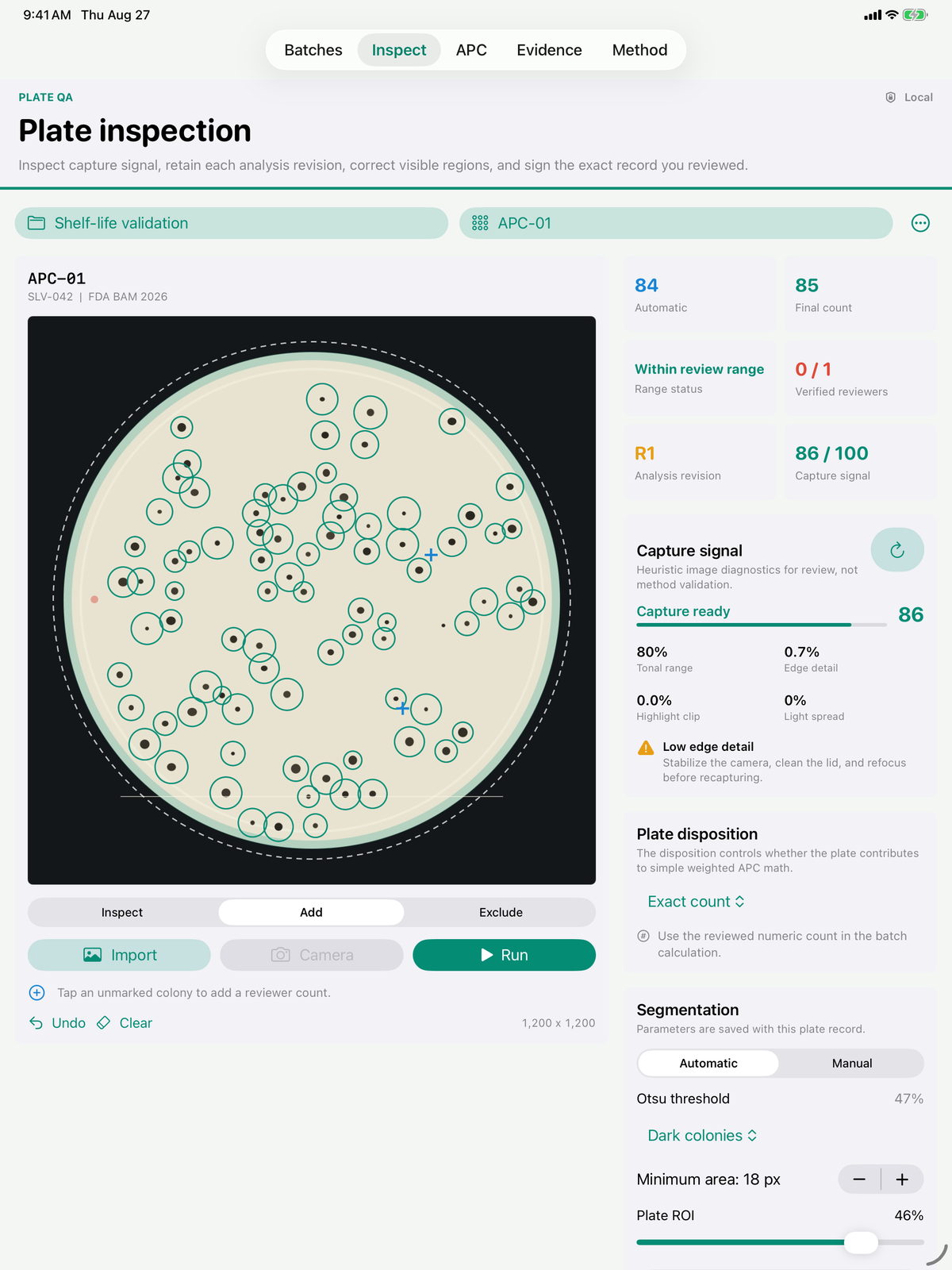 Colonygrid plate inspection on iPad with visible colony regions, reviewer corrections, capture diagnostics, and disposition controls
