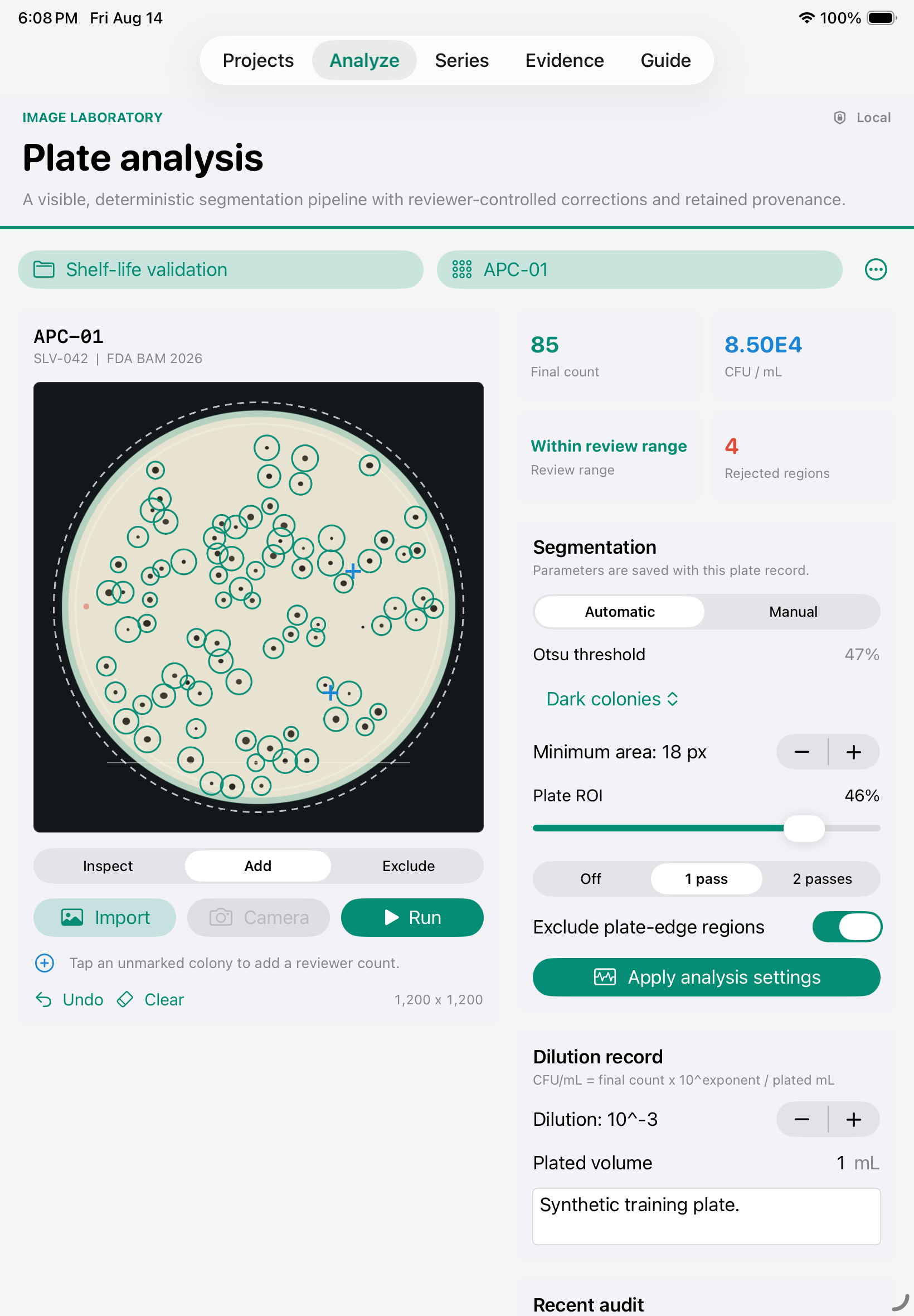 Colonygrid plate analysis screen on iPad showing detected colony regions and analysis controls