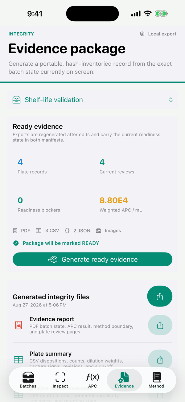 Colonygrid READY evidence package on iPhone with generated integrity files