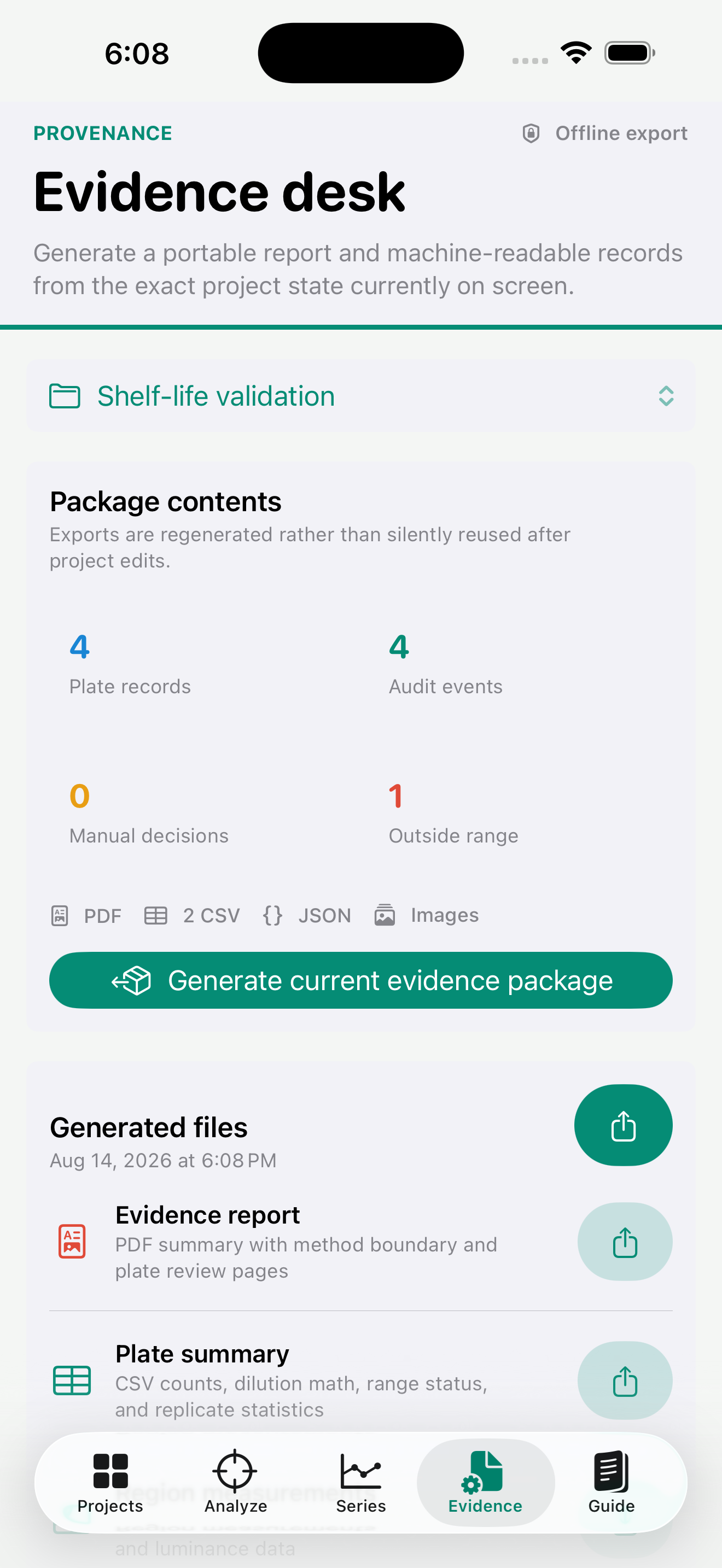 Colonygrid generated evidence package on iPhone