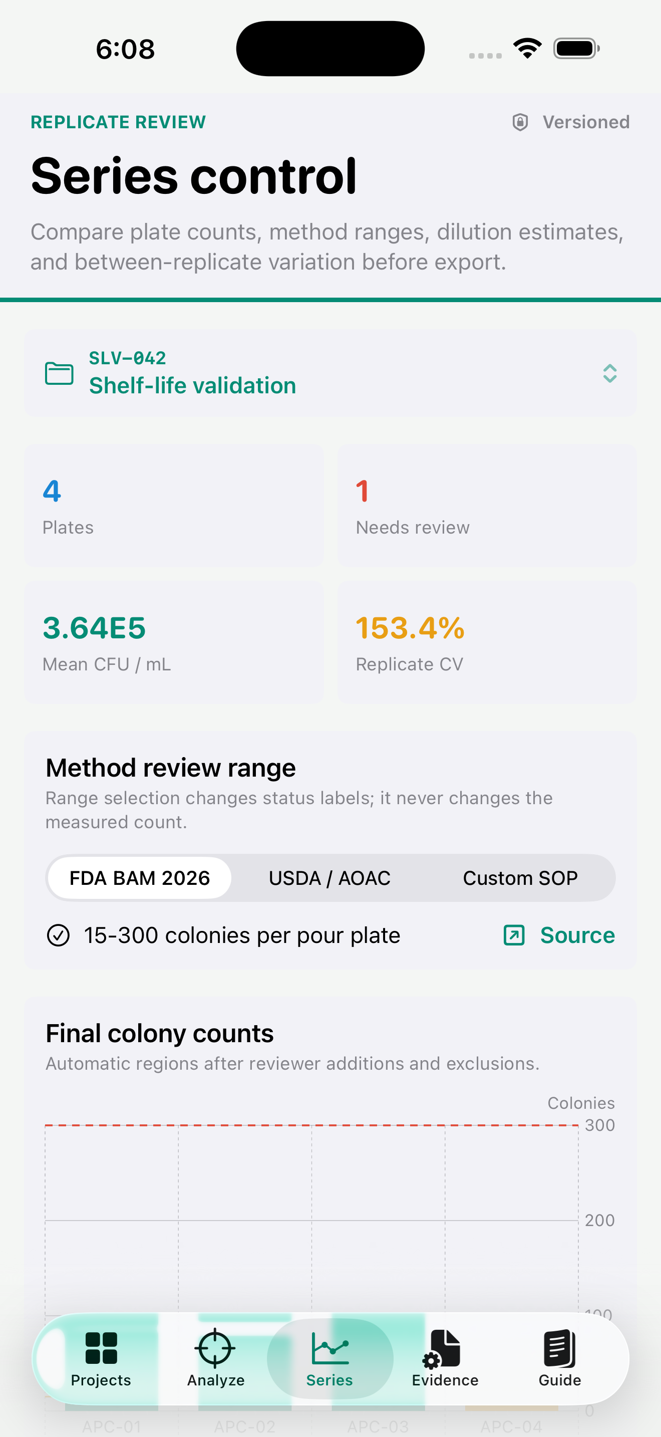 Colonygrid replicate series and count-range tools on iPhone